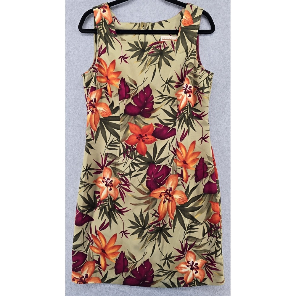 Vtg Y2K Expression Shift Dress Sz 12 Olive Green Hawaiian Tropical Floral Office